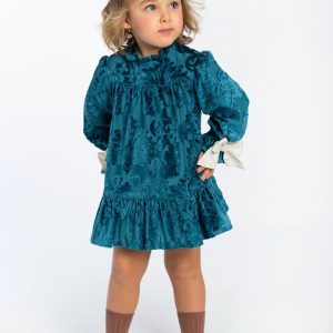 Vestido bebé Jacquard turquesa con mangas de volante y lazos