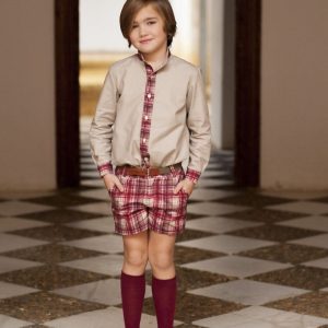 Conjunto Niño 2 piezas Camisa Cuello Mao Arena y Pantalón Cuadros Burdeos