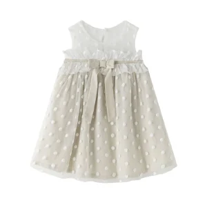 Vestido niña de ceremonia con doble forro en tull de topos blancos y l