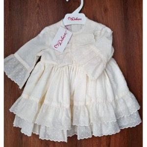 Vestido Bautizo Plumeti y Encaje de Bolillo Color Blanco Roto